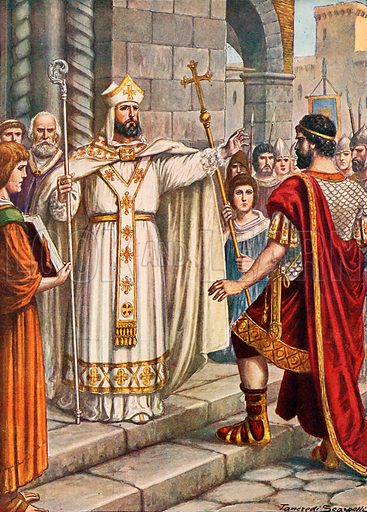 Emperor Theodosius forbidden by St Ambrose from entering Milan cathedral