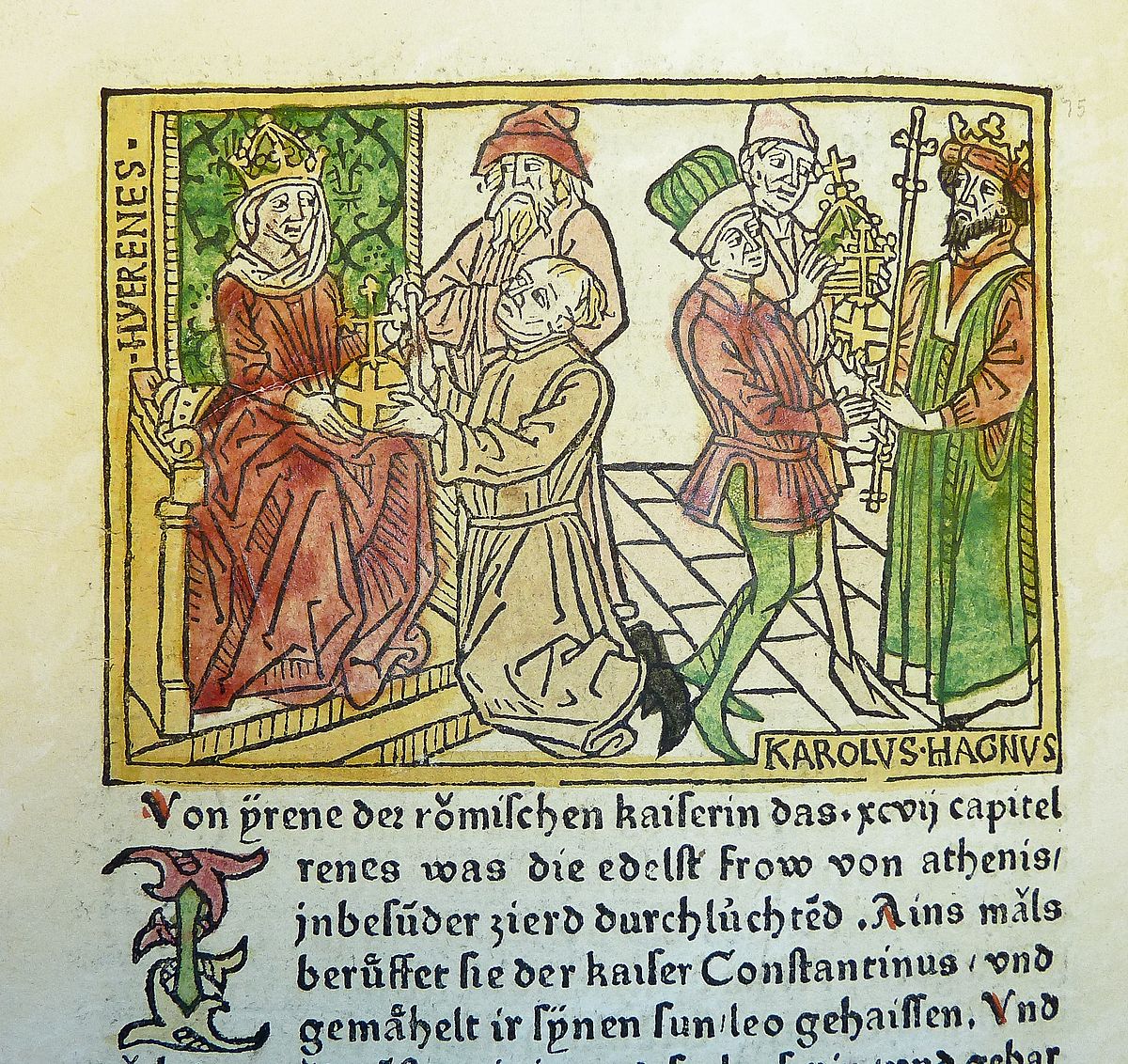 Woodcut_illustration_of_Irene,_Empress_of_the_East,_and_Charlemagne_-_Penn_Provenance_Project