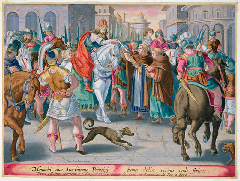 Monks present silkworms to the Byzantine Emperor Justinian